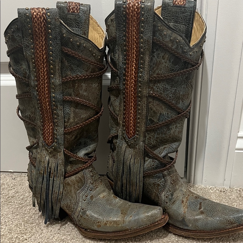 Western Leather Cowboy Boots with Fringe